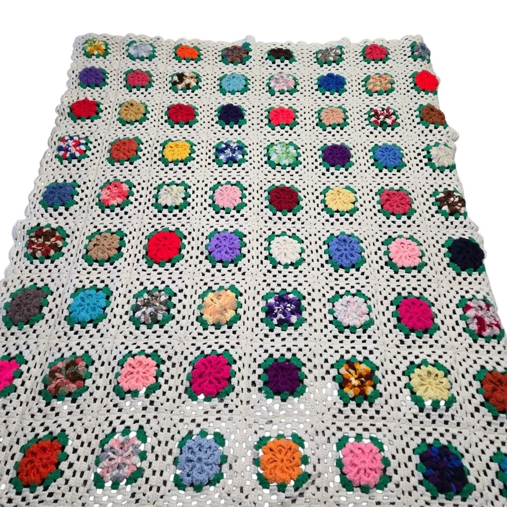 Vintage 3D Crochet Granny Square Blanket Floral White Handmade Afghan Throw